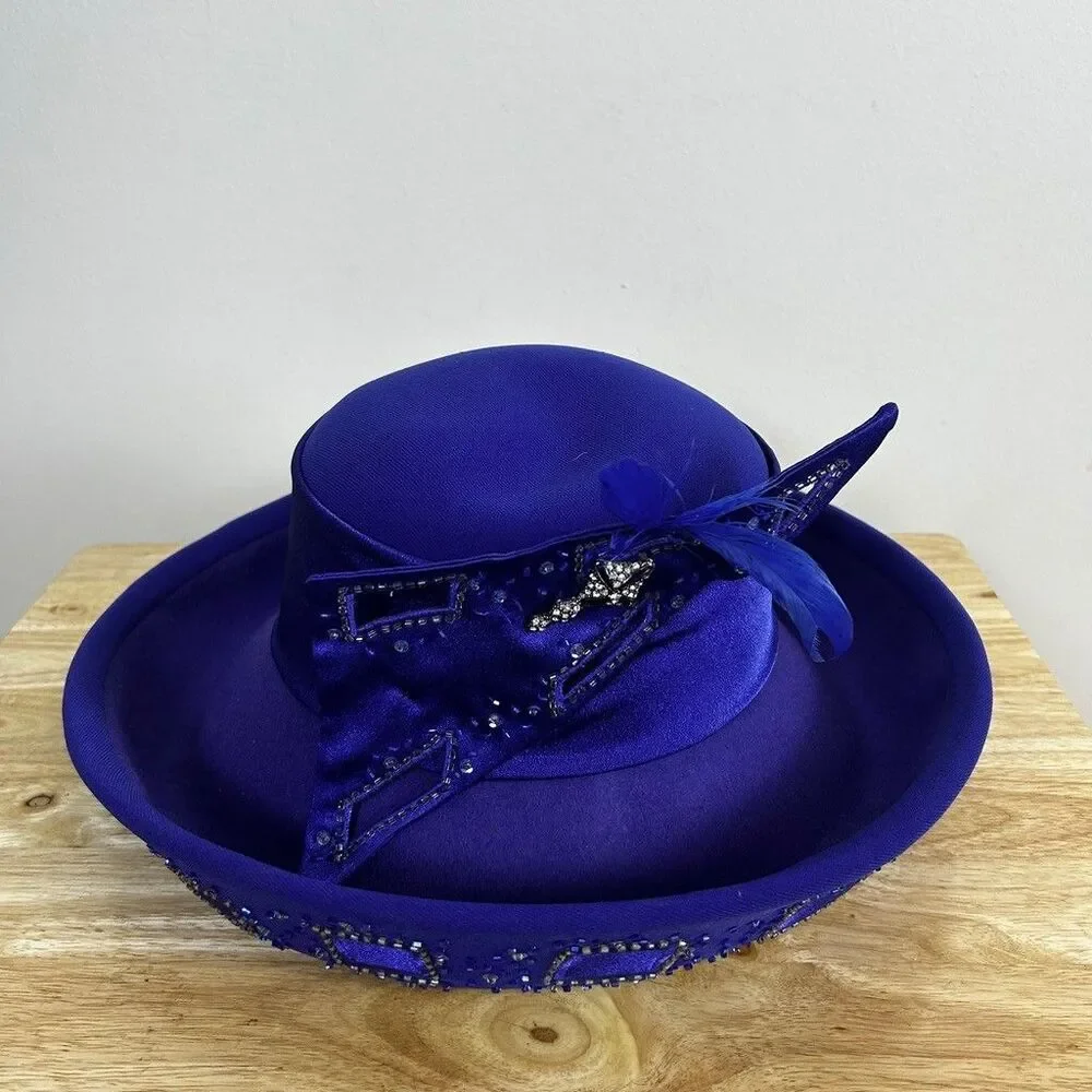 ML Studio Royal Blue Wool Felt Church Hat Beaded Feather Accent Dress Derby Hat